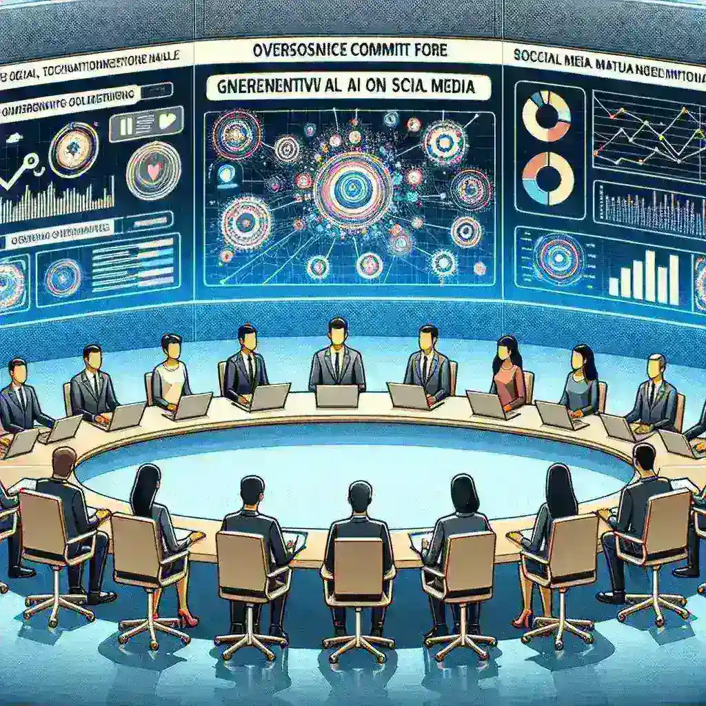 "Kominfo establishes task force to monitor misuse of generative AI on social media" - Image depicting a meeting among officials discussing strategies for overseeing AI technology in social platforms.