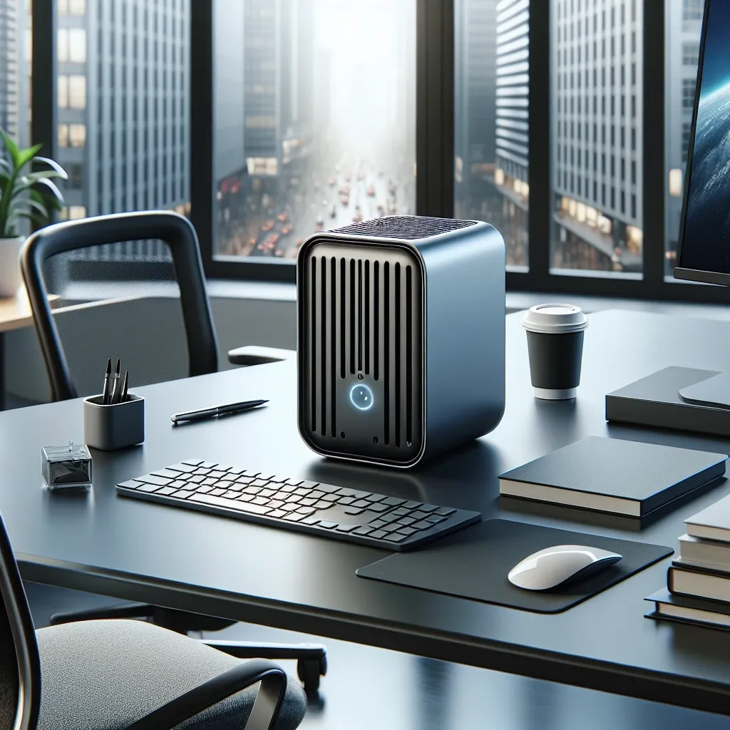 Alt text: "Mini PC Geekom AX8 Pro on a modern office desk, showcasing its compact design and sleek features, ideal for professional environments."